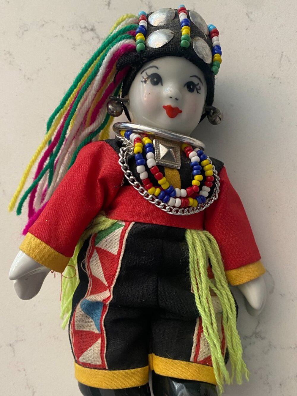 Vintage Chinese Minority Doll Porcelain Face Silver Beaded Headdress Bells 4"